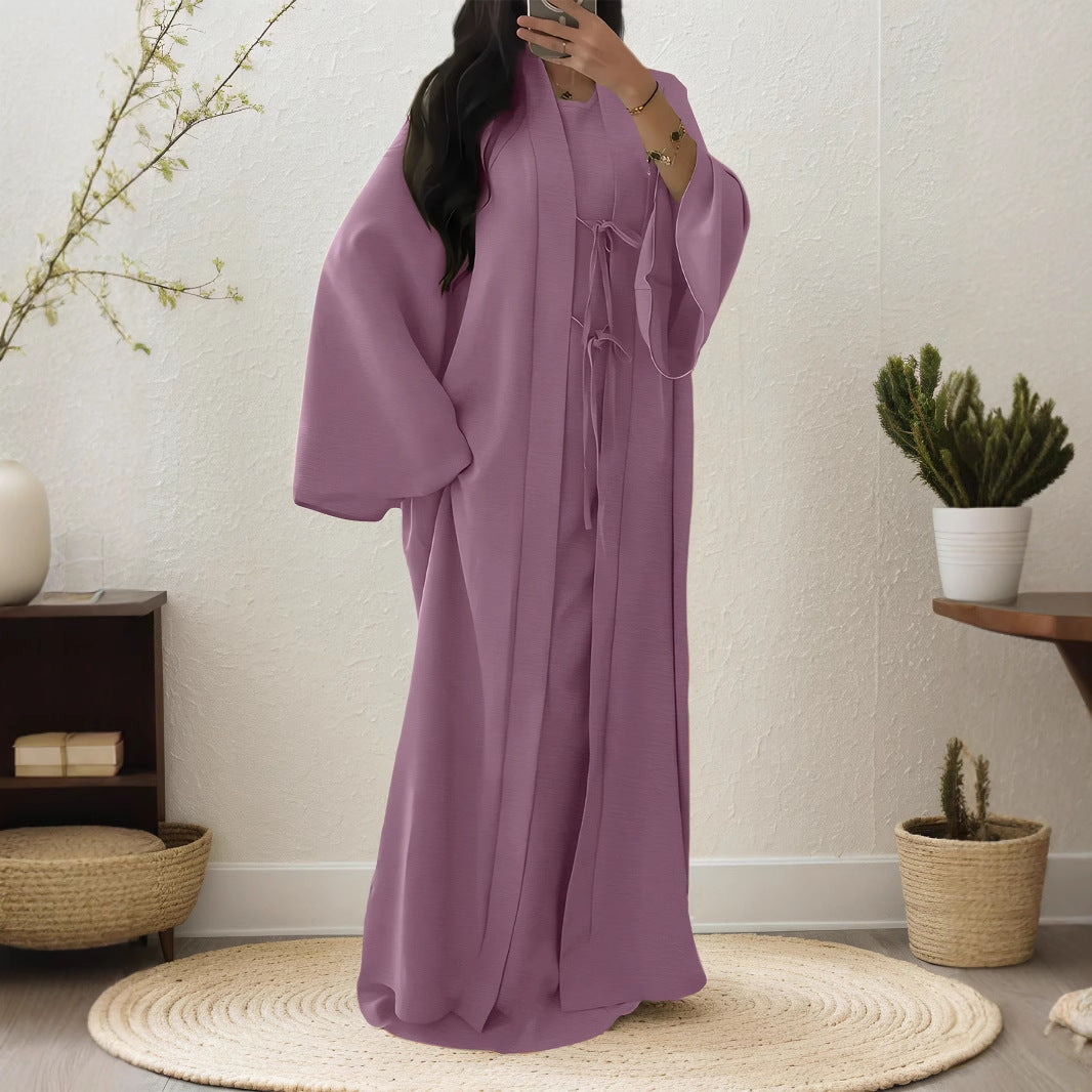 Juno Flowy Tie-Waist Cardigan Vest Dress Set — Middle Eastern Inspired Two-Piece