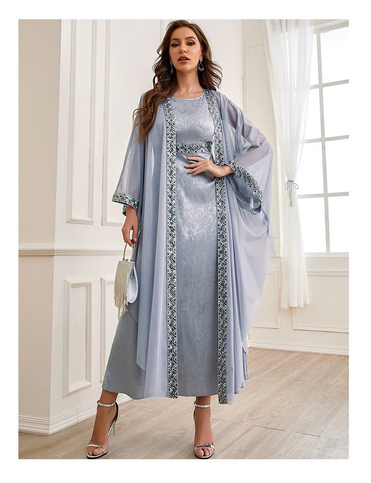 Minerva Elegant Printed Cardigan Maxi Dress — Middle Eastern Inspired A-Line Silhouette