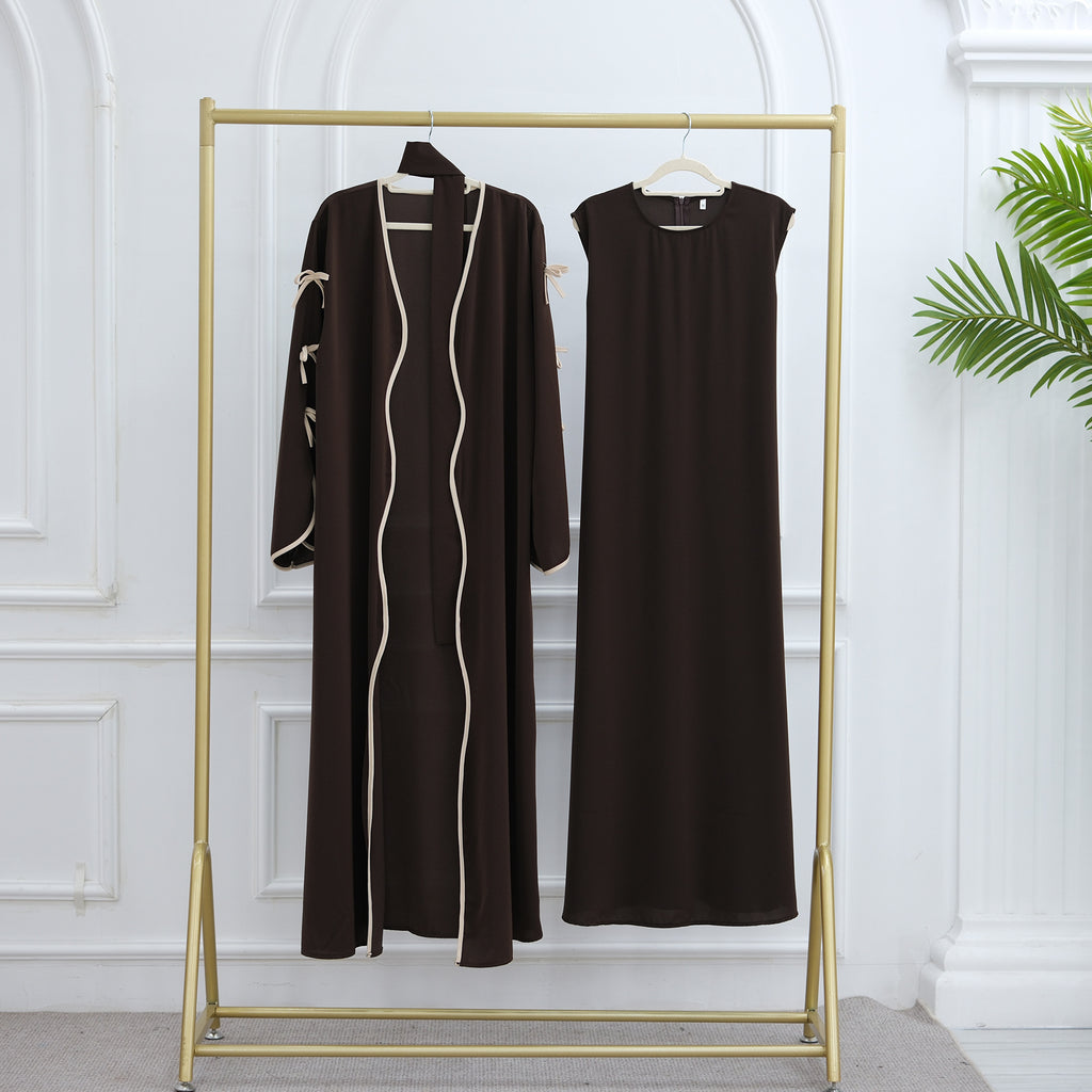 Hestia Bow-Detail Robe & Inner Dress Set — Elegant Long Abaya Style