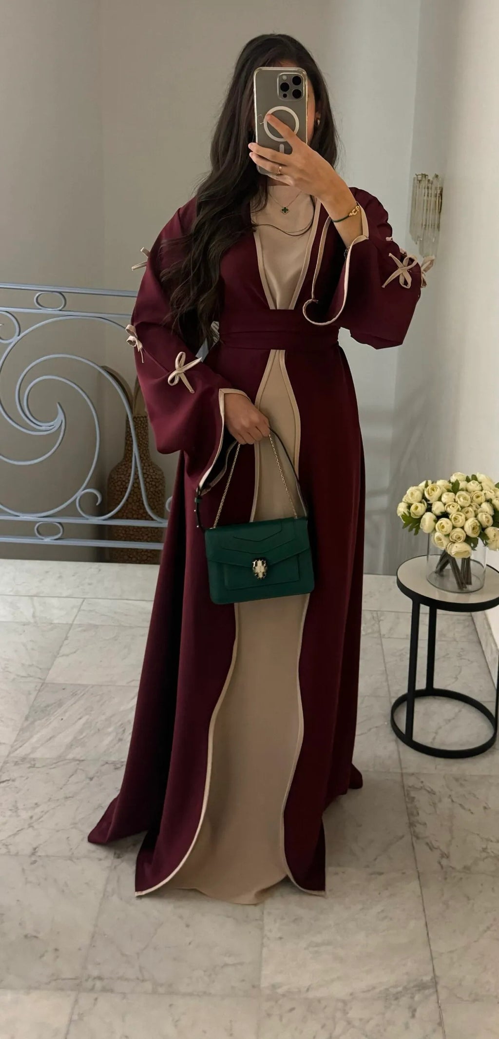 Hestia Bow-Detail Robe & Inner Dress Set — Elegant Long Abaya Style