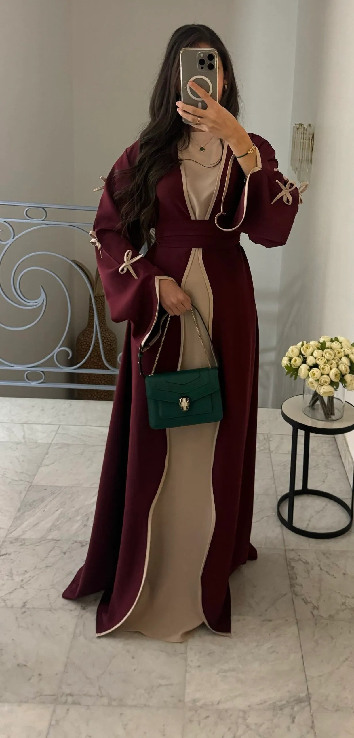 Hestia Bow-Detail Robe & Inner Dress Set — Elegant Long Abaya Style