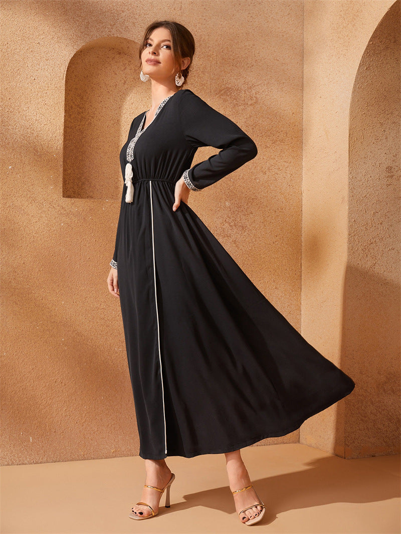 Diana Lace-Tassel Long Skirt — Middle Eastern Inspired V-Neck Elastic-Waist Maxi Dress