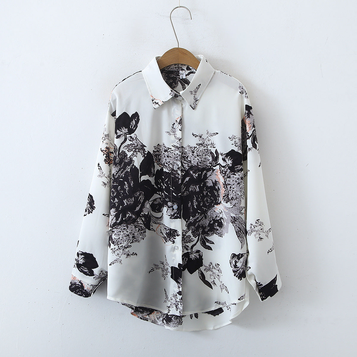 Retro Printed Satin Long-Sleeved Shirt