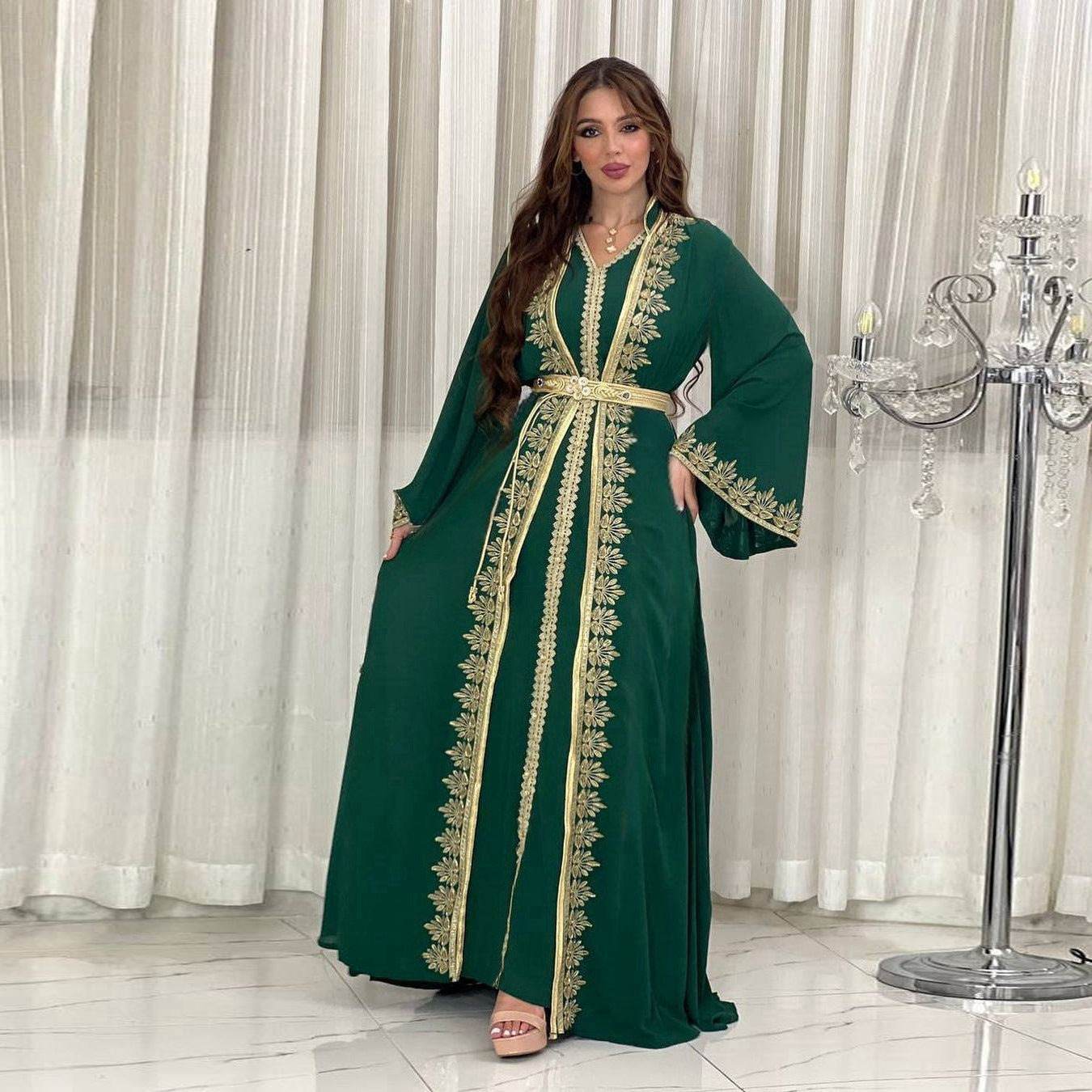 Thalia Velvet Belted Abaya-Inspired Two-Piece Dress Set
