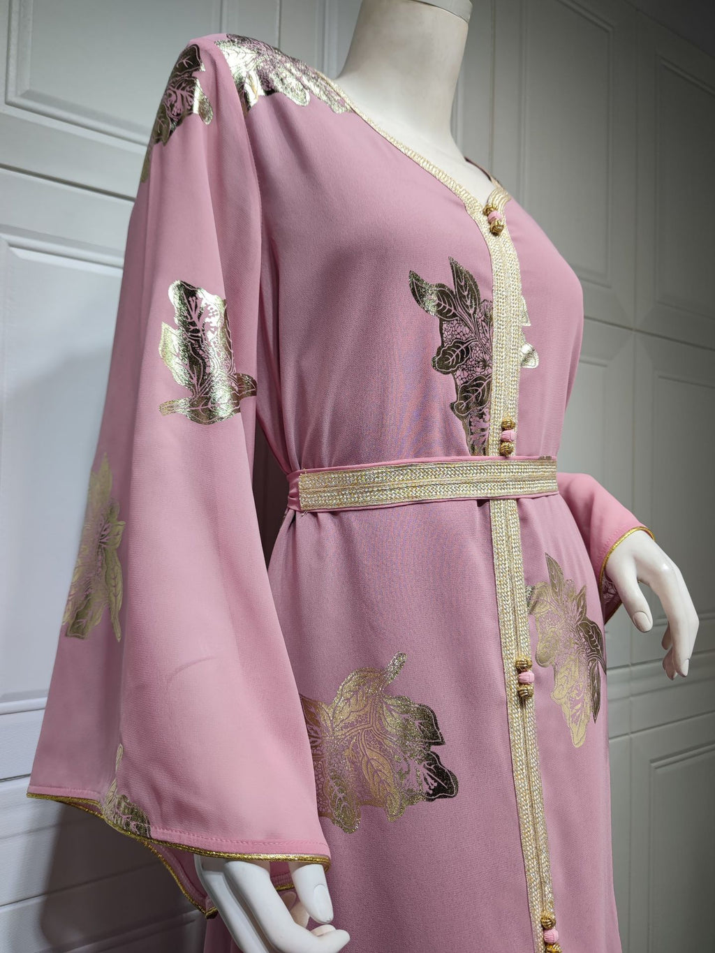 Venus Gold-Foil Chiffon Abaya — Middle Eastern Inspired Flowing Maxi Dress