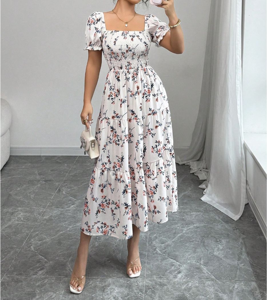 Gaia Elegant Printed Full-Skirt Dress