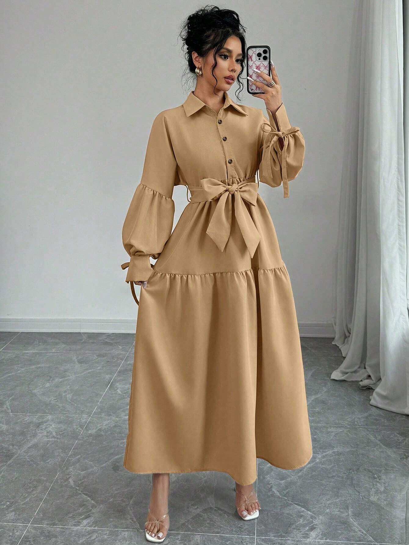 Eileithyia Elegant Tie-Waist Puff Sleeve Maxi Dress