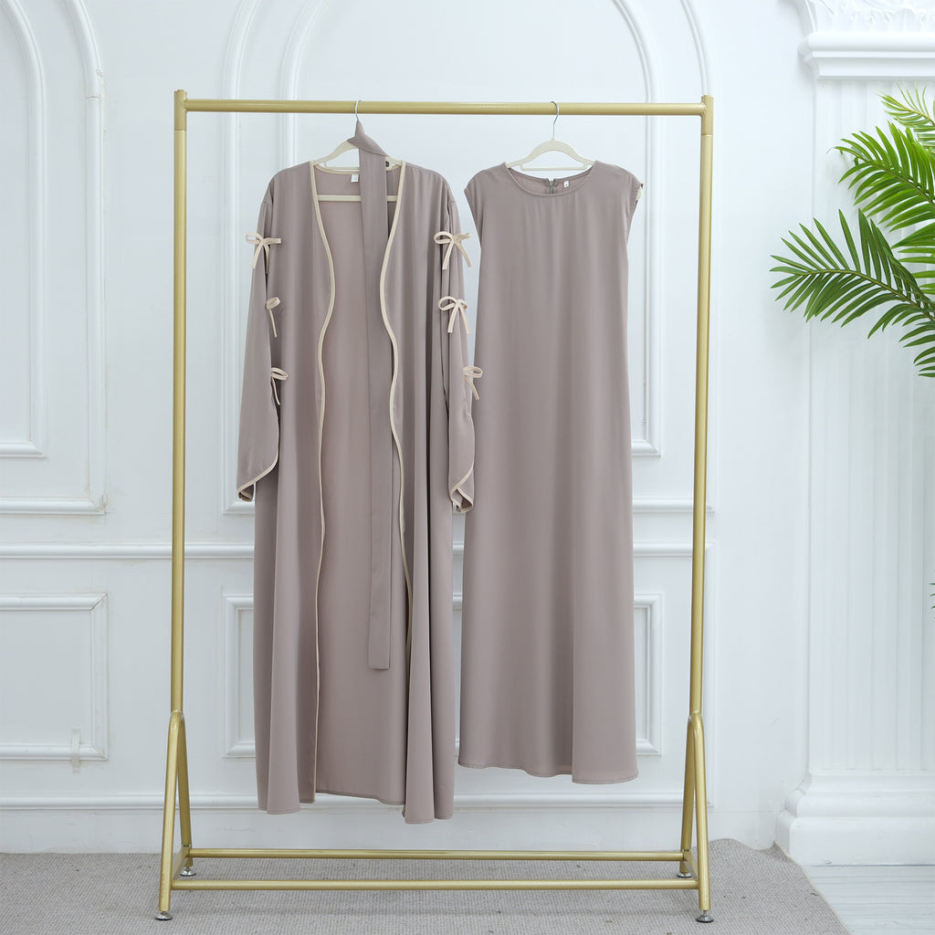 Hestia Bow-Detail Robe & Inner Dress Set — Elegant Long Abaya Style