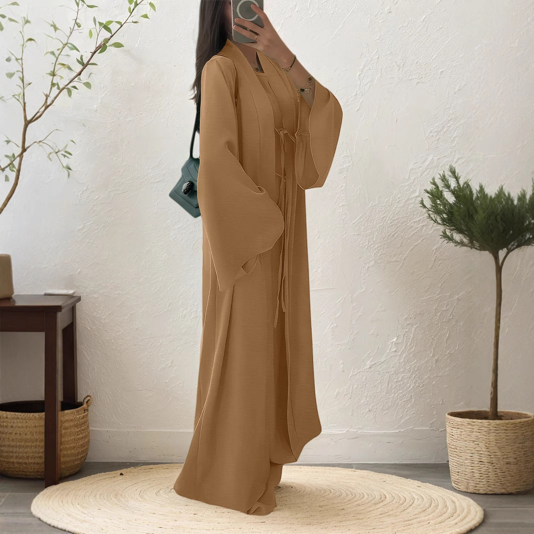 Juno Flowy Tie-Waist Cardigan Vest Dress Set — Middle Eastern Inspired Two-Piece