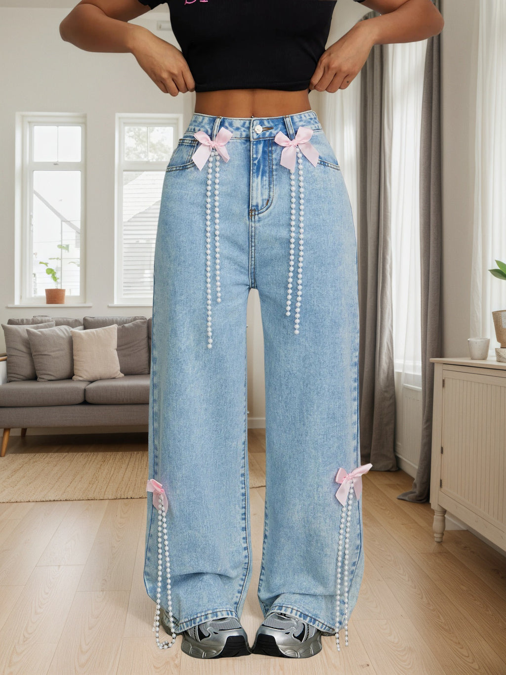 Hera 2.0 Bow-Embellished Snowflake Washed Wide-Leg Jeans