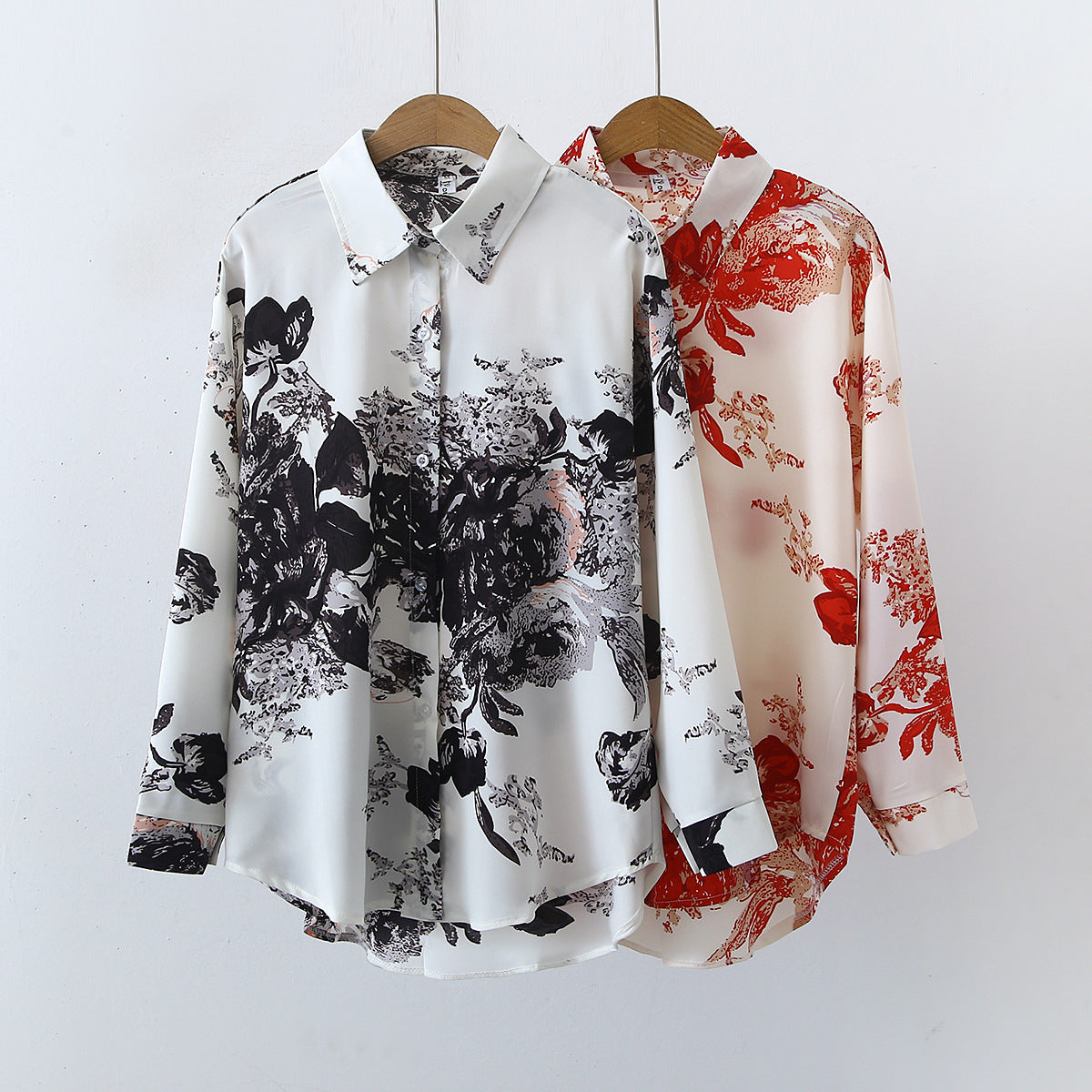 Retro Printed Satin Long-Sleeved Shirt