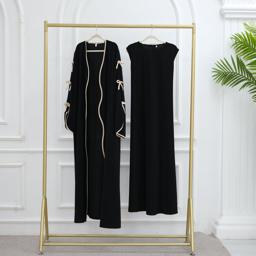 Hestia Bow-Detail Robe & Inner Dress Set — Elegant Long Abaya Style