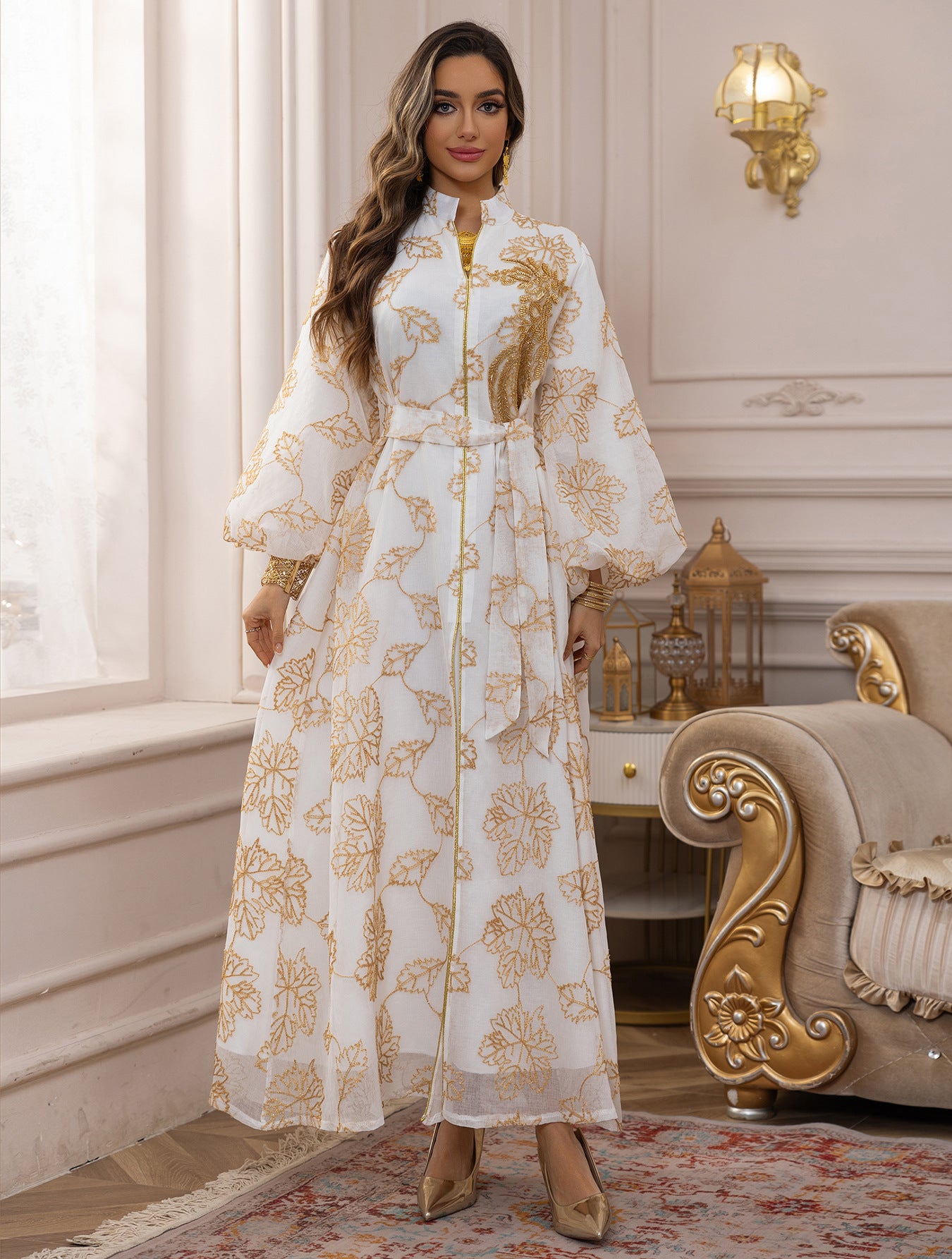 Aurora Sequined Floral Jalabiya — Middle Eastern Inspired Puff-Sleeve Evening Gown