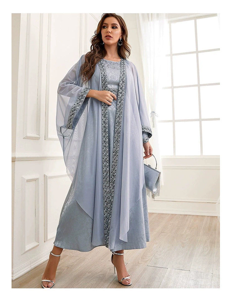 Minerva Elegant Printed Cardigan Maxi Dress — Middle Eastern Inspired A-Line Silhouette