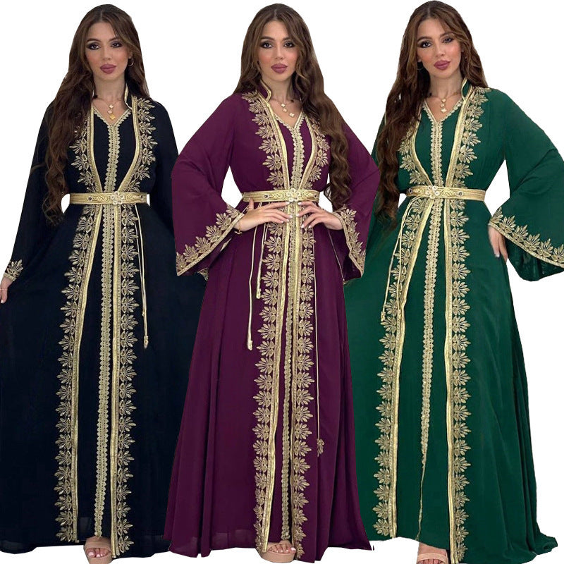 Thalia Velvet Belted Abaya-Inspired Two-Piece Dress Set
