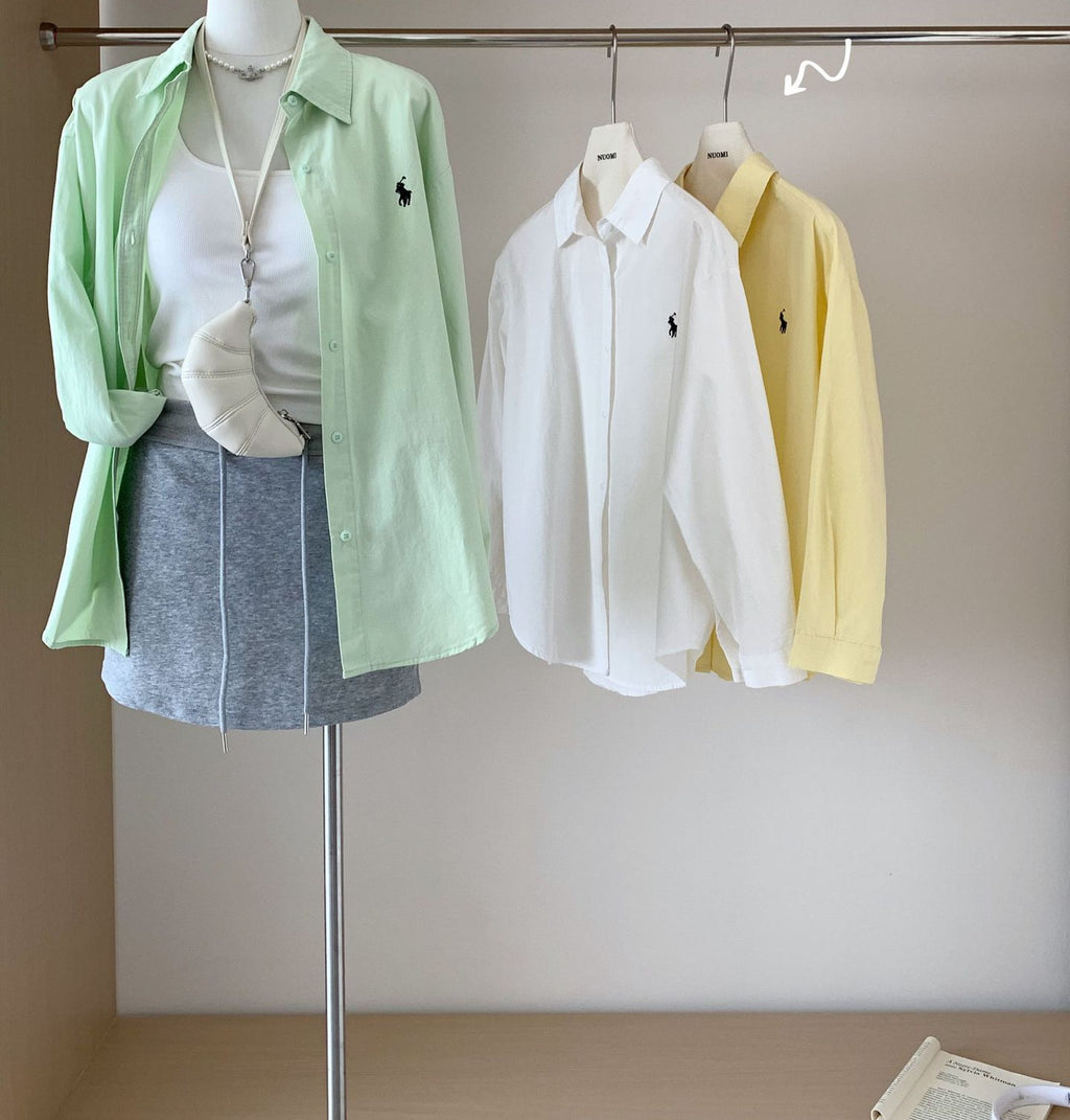 French Retro Pony Embroidered Shirt – Loose Fit Long Sleeve