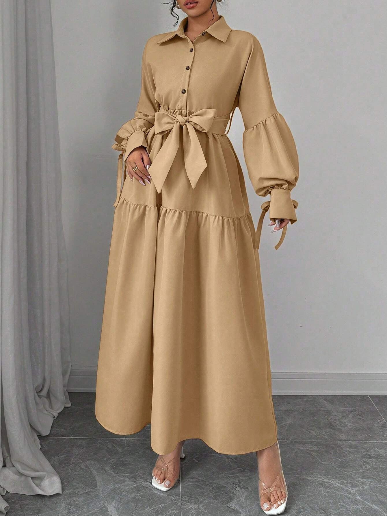 Eileithyia Elegant Tie-Waist Puff Sleeve Maxi Dress