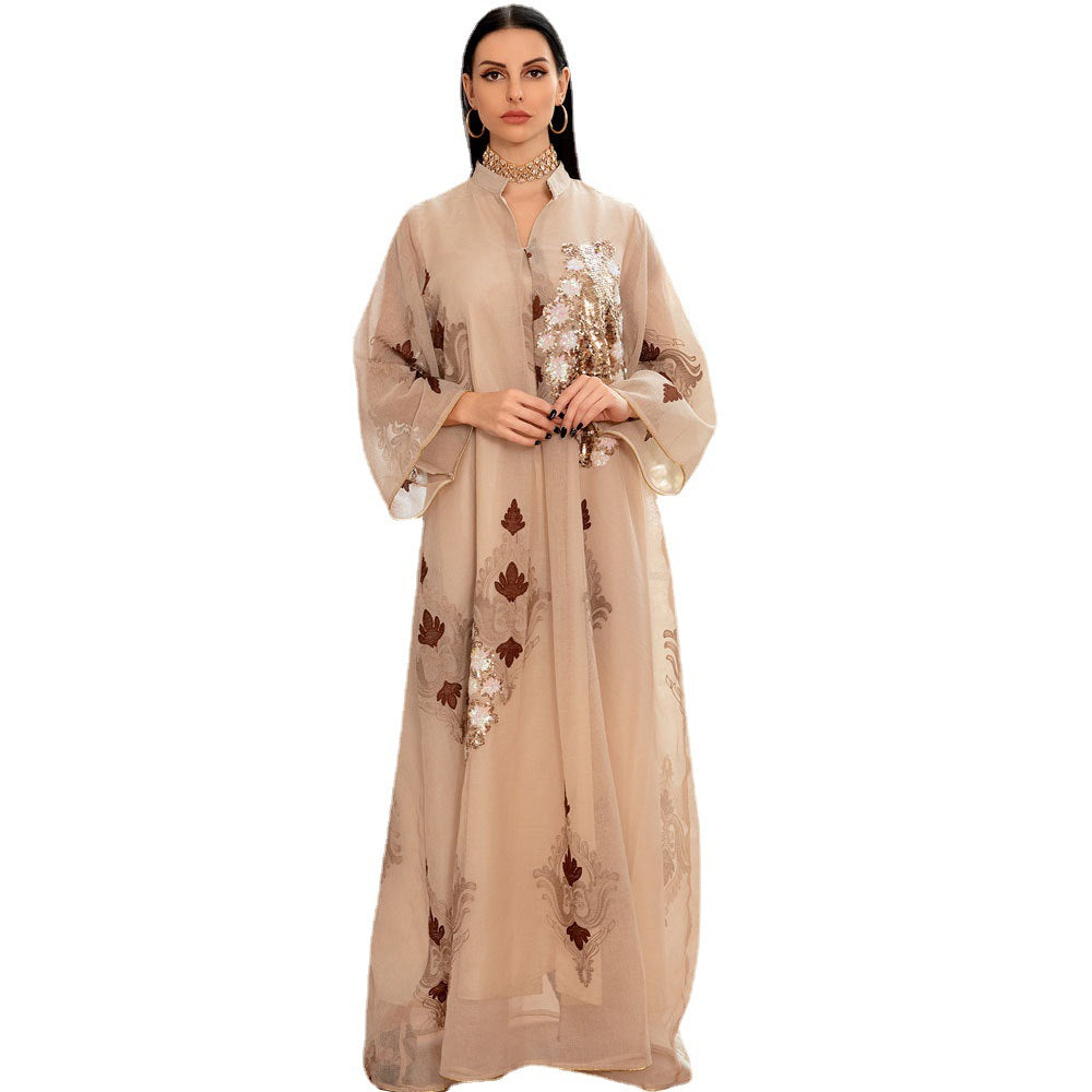 Flora Sequin Embroidered Evening Gown — Middle Eastern Inspired Long Sleeve Maxi Dress