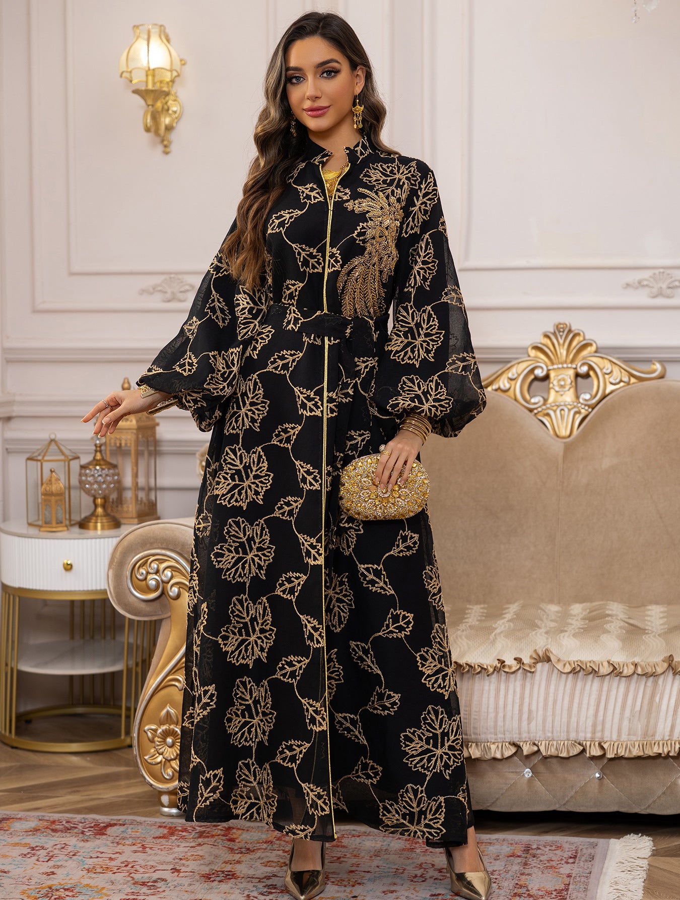 Aurora Sequined Floral Jalabiya — Middle Eastern Inspired Puff-Sleeve Evening Gown