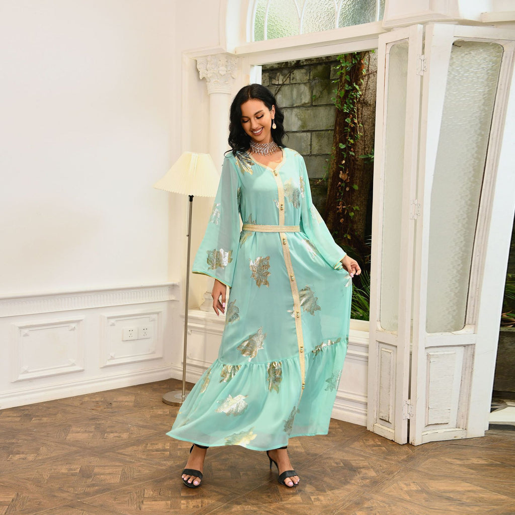 Venus Gold-Foil Chiffon Abaya — Middle Eastern Inspired Flowing Maxi Dress