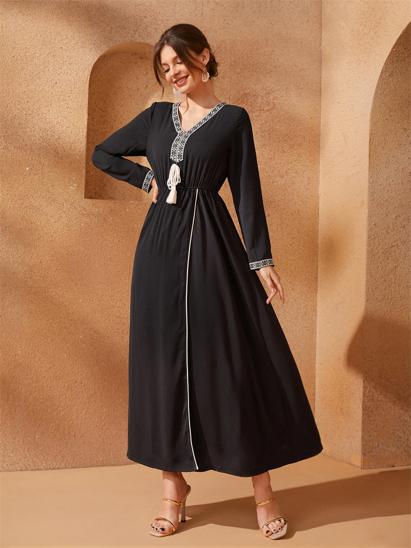 Diana Lace-Tassel Long Skirt — Middle Eastern Inspired V-Neck Elastic-Waist Maxi Dress