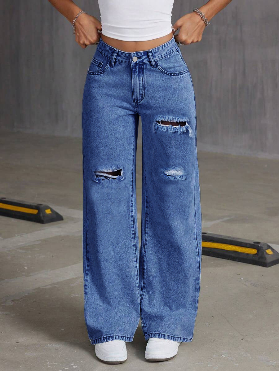 Persephone Ripped Wide-Leg Washed Denim Jeans