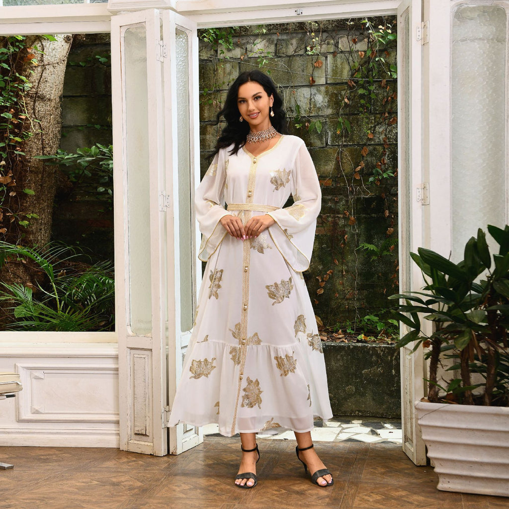 Venus Gold-Foil Chiffon Abaya — Middle Eastern Inspired Flowing Maxi Dress