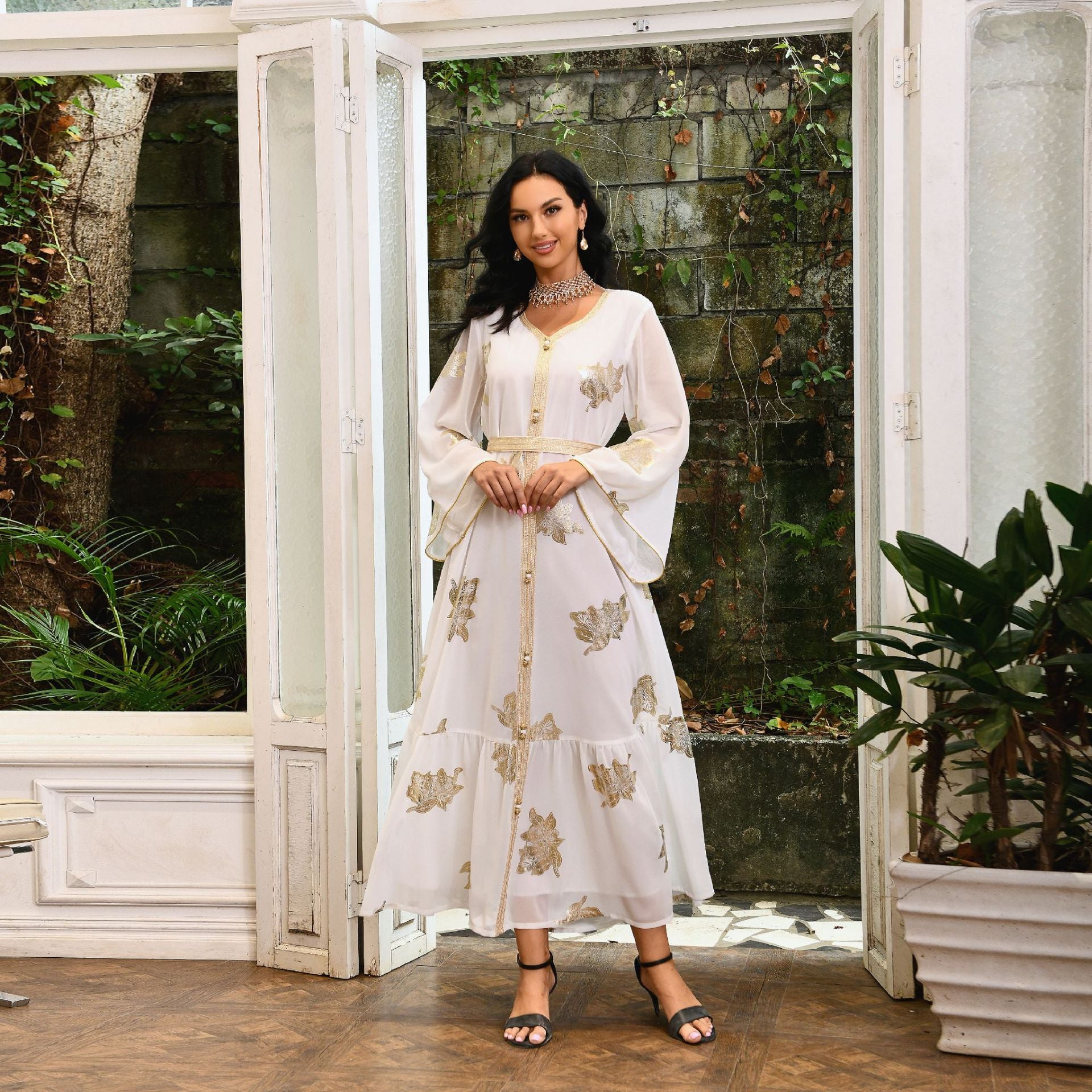 Venus Gold-Foil Chiffon Abaya — Middle Eastern Inspired Flowing Maxi Dress