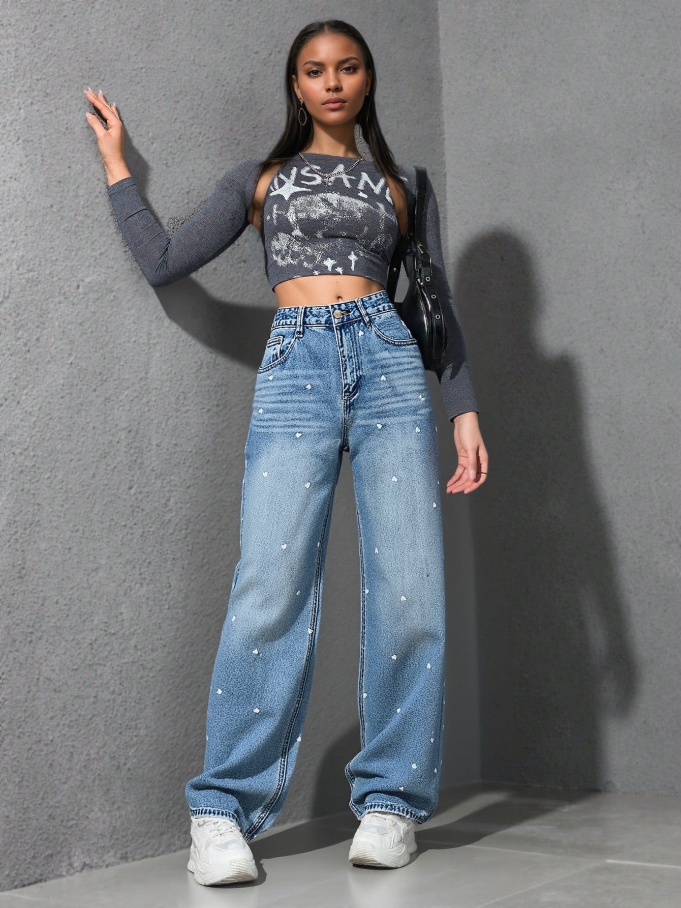 Selene Heart-Jacquard High-Waist Wide-Leg Jeans