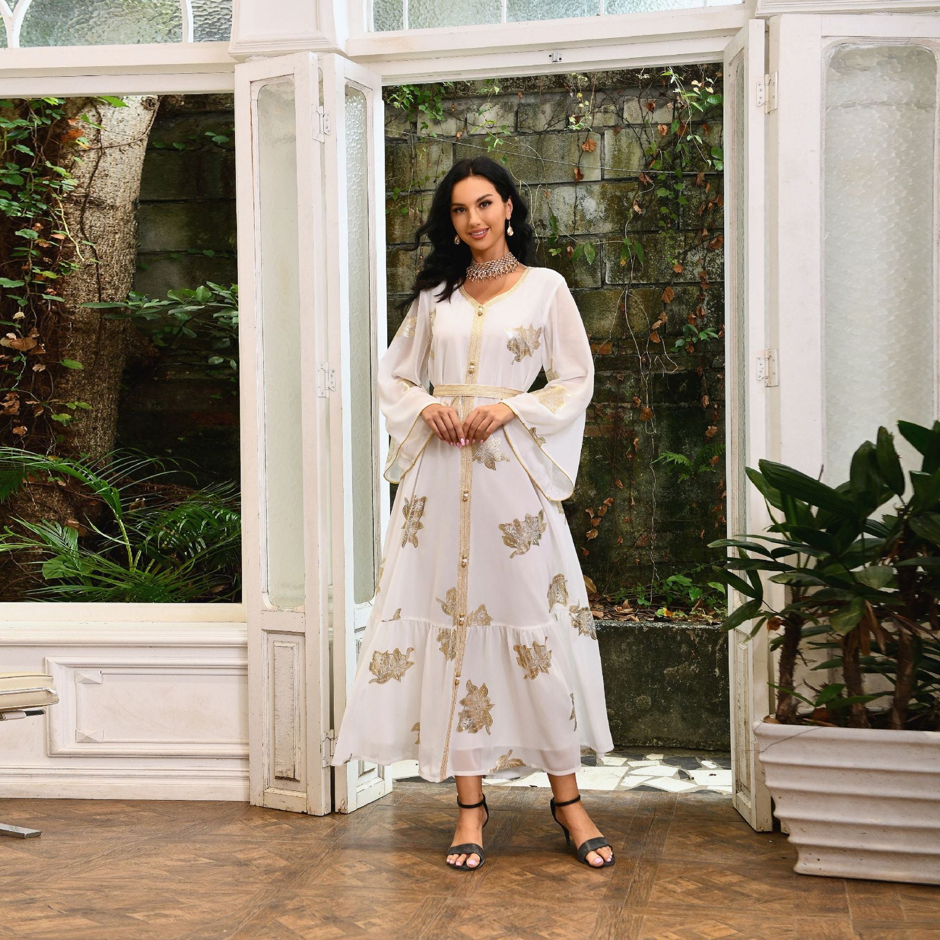 Venus Gold-Foil Chiffon Abaya — Middle Eastern Inspired Flowing Maxi Dress