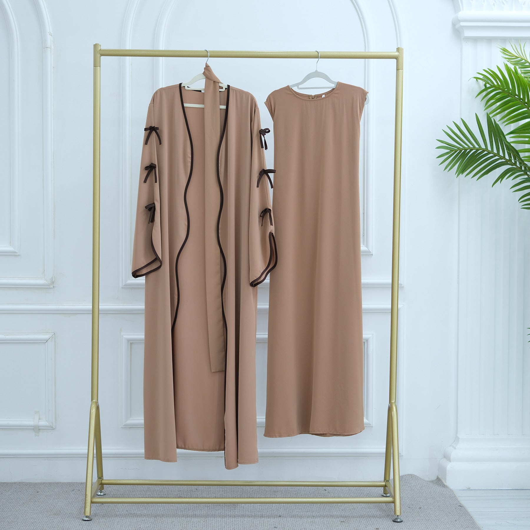 Hestia Bow-Detail Robe & Inner Dress Set — Elegant Long Abaya Style