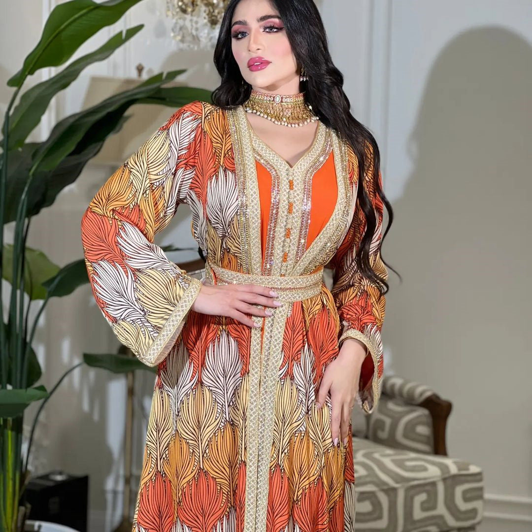 Ceres Rhinestone Ribbon Print Jalabiya Set — Middle Eastern Inspired Long-Sleeve Robe with Inner Layer