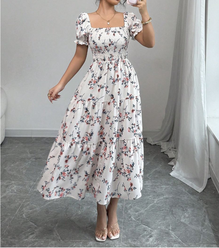 Gaia Elegant Printed Full-Skirt Dress