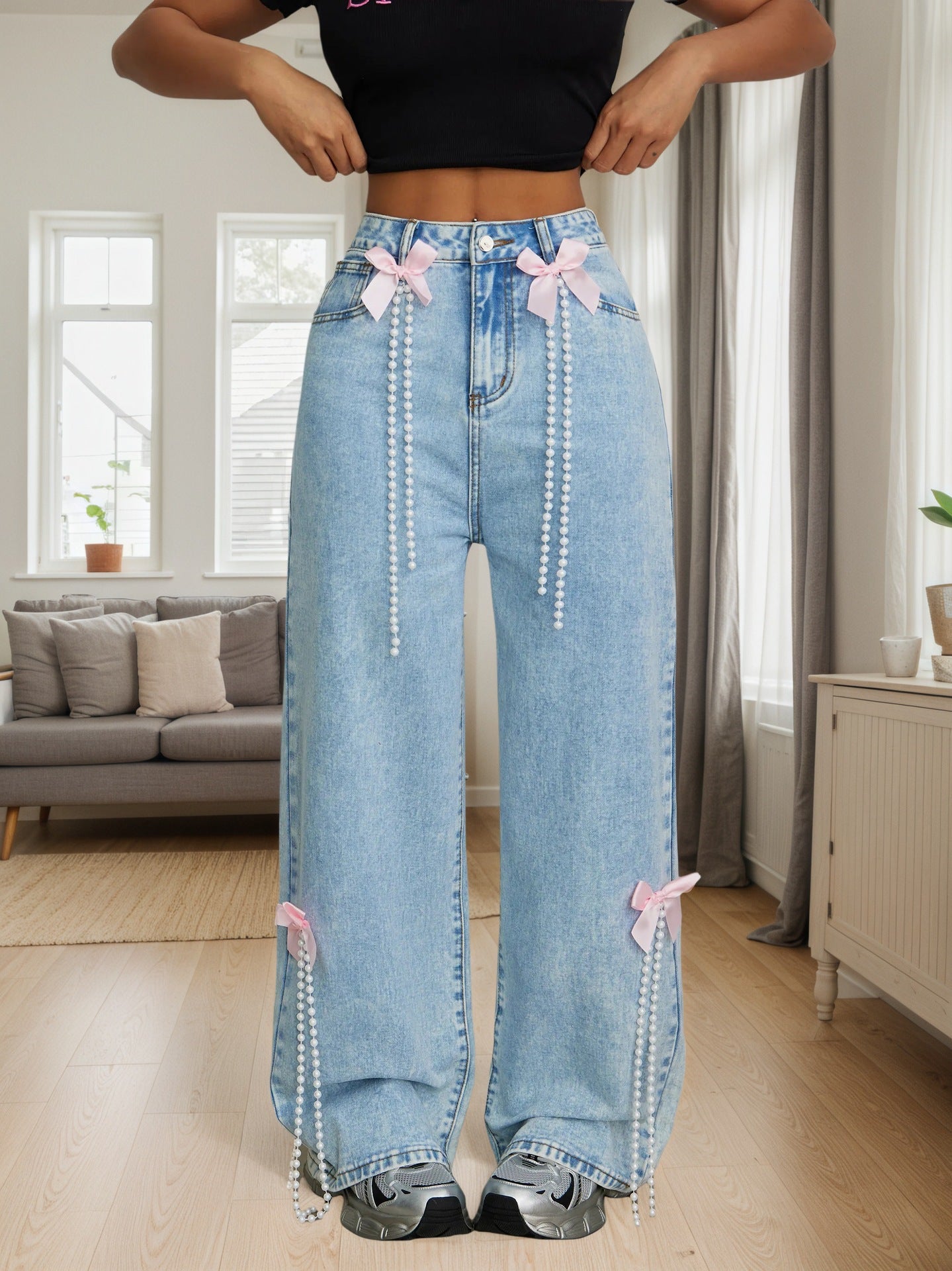 Hera 2.0 Bow-Embellished Snowflake Washed Wide-Leg Jeans