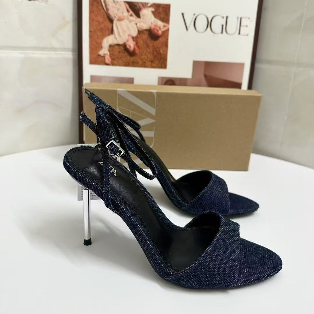 Vesta Navy Open-Toe High Heel Sandals – One-Strap European Style 👠