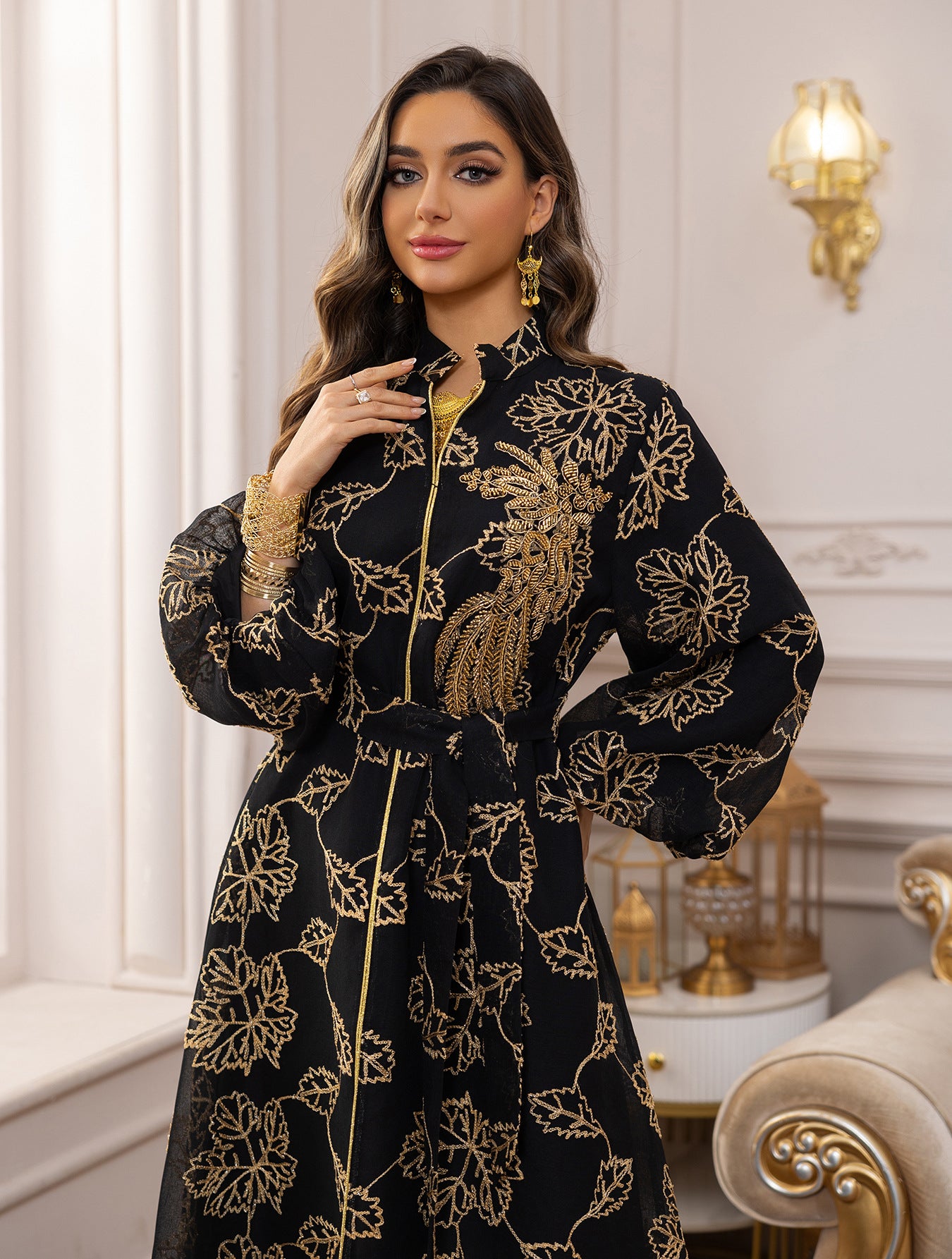 Aurora Sequined Floral Jalabiya — Middle Eastern Inspired Puff-Sleeve Evening Gown