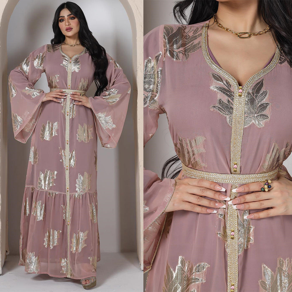 Venus Gold-Foil Chiffon Abaya — Middle Eastern Inspired Flowing Maxi Dress