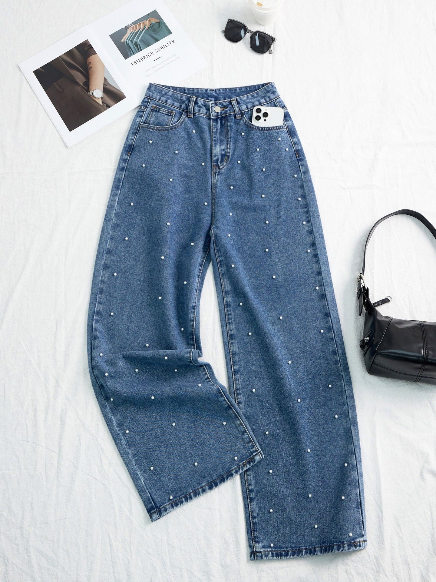 Iris Beaded Sweet Wash High-Waist Wide-Leg Jeans