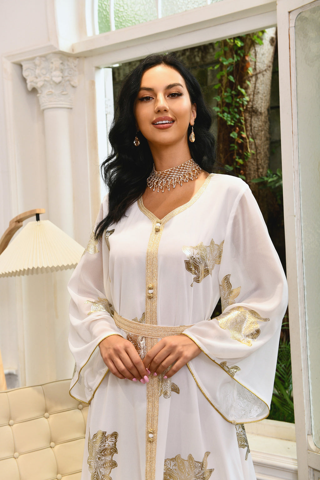 Venus Gold-Foil Chiffon Abaya — Middle Eastern Inspired Flowing Maxi Dress