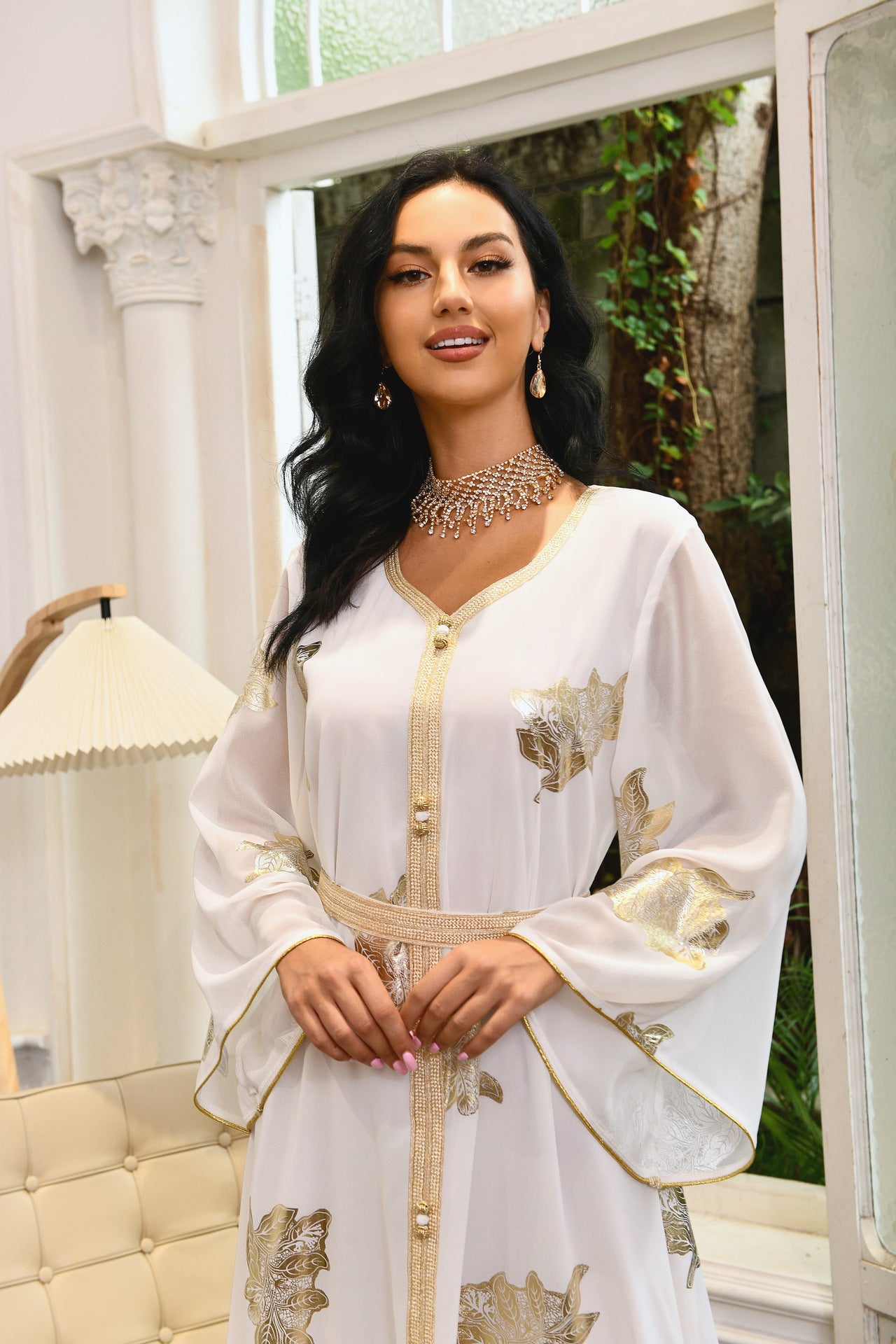 Venus Gold-Foil Chiffon Abaya — Middle Eastern Inspired Flowing Maxi Dress