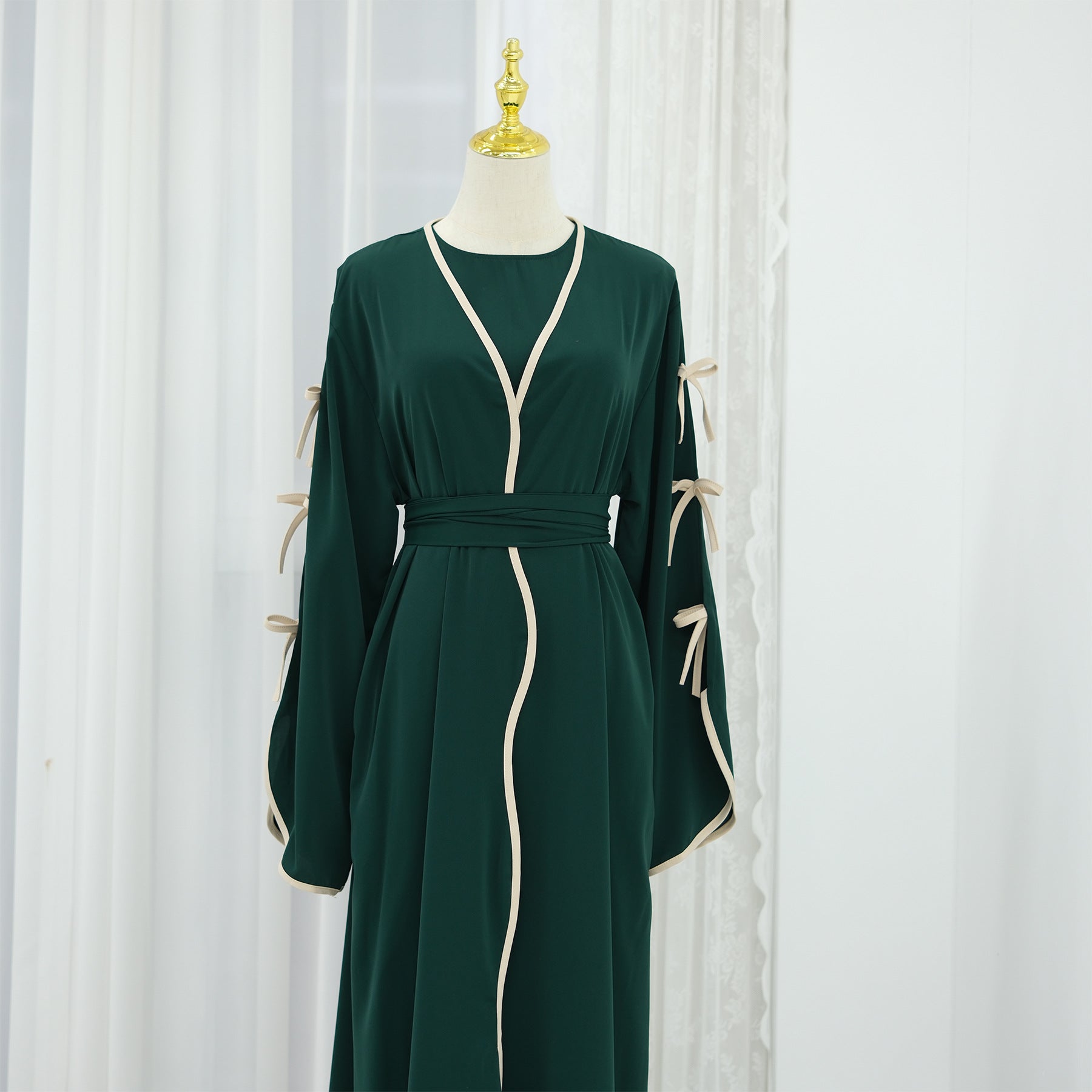 Hestia Bow-Detail Robe & Inner Dress Set — Elegant Long Abaya Style