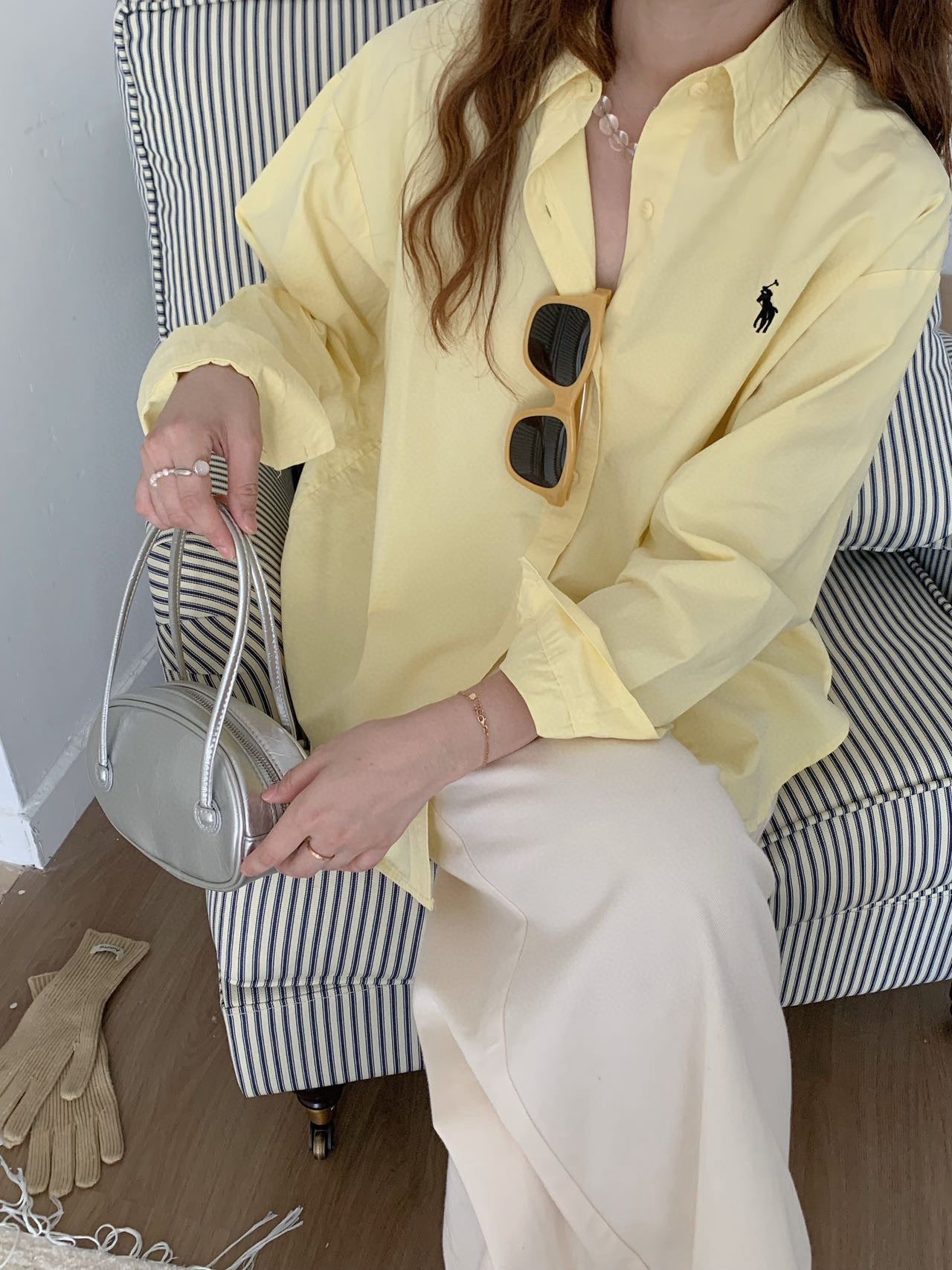 French Retro Pony Embroidered Shirt – Loose Fit Long Sleeve