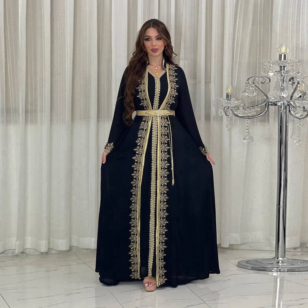 Thalia Velvet Belted Abaya-Inspired Two-Piece Dress Set
