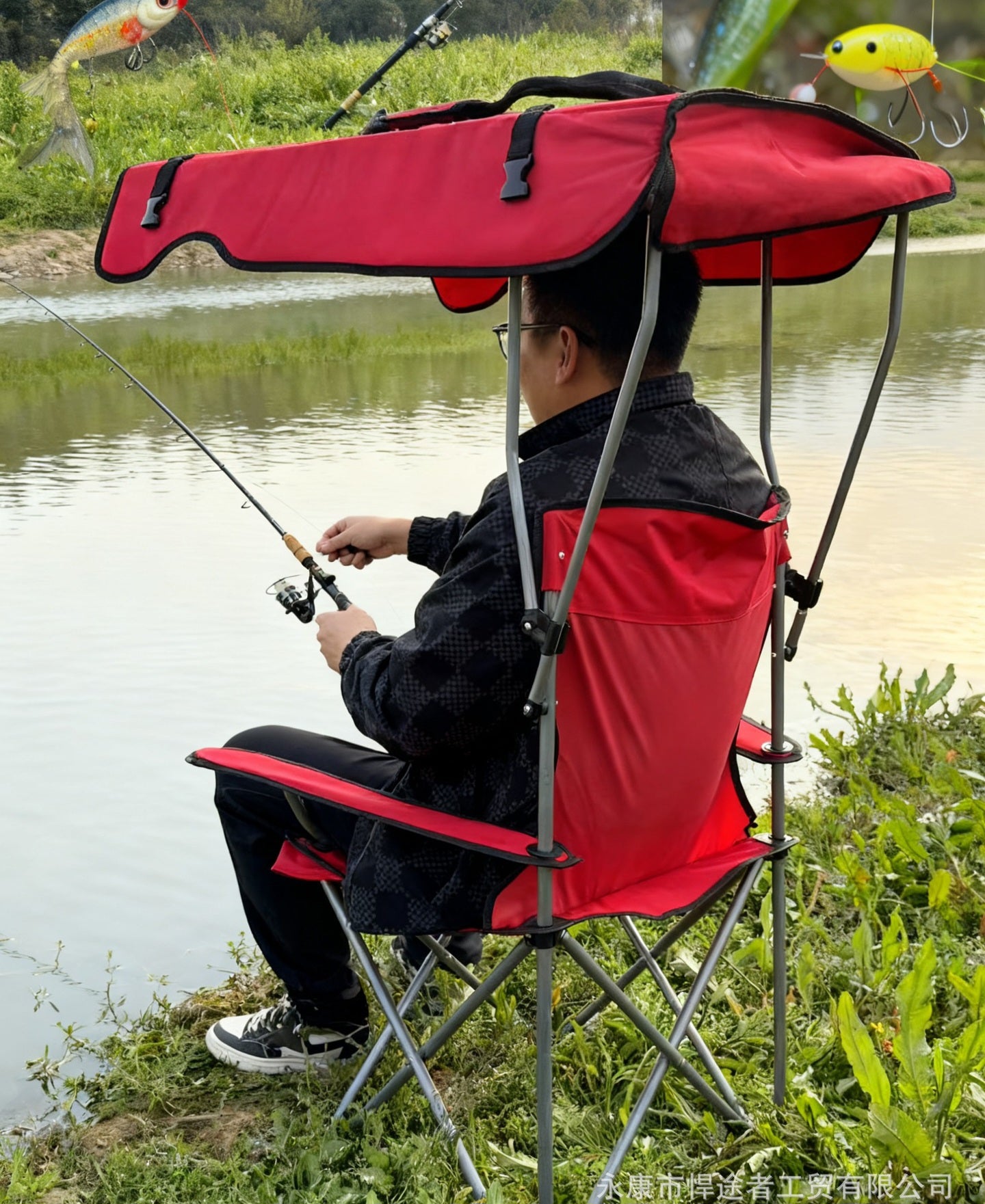 Portable Folding Fishing & Camping Chair with Sunshade – Carbon Steel Outdoor Seat