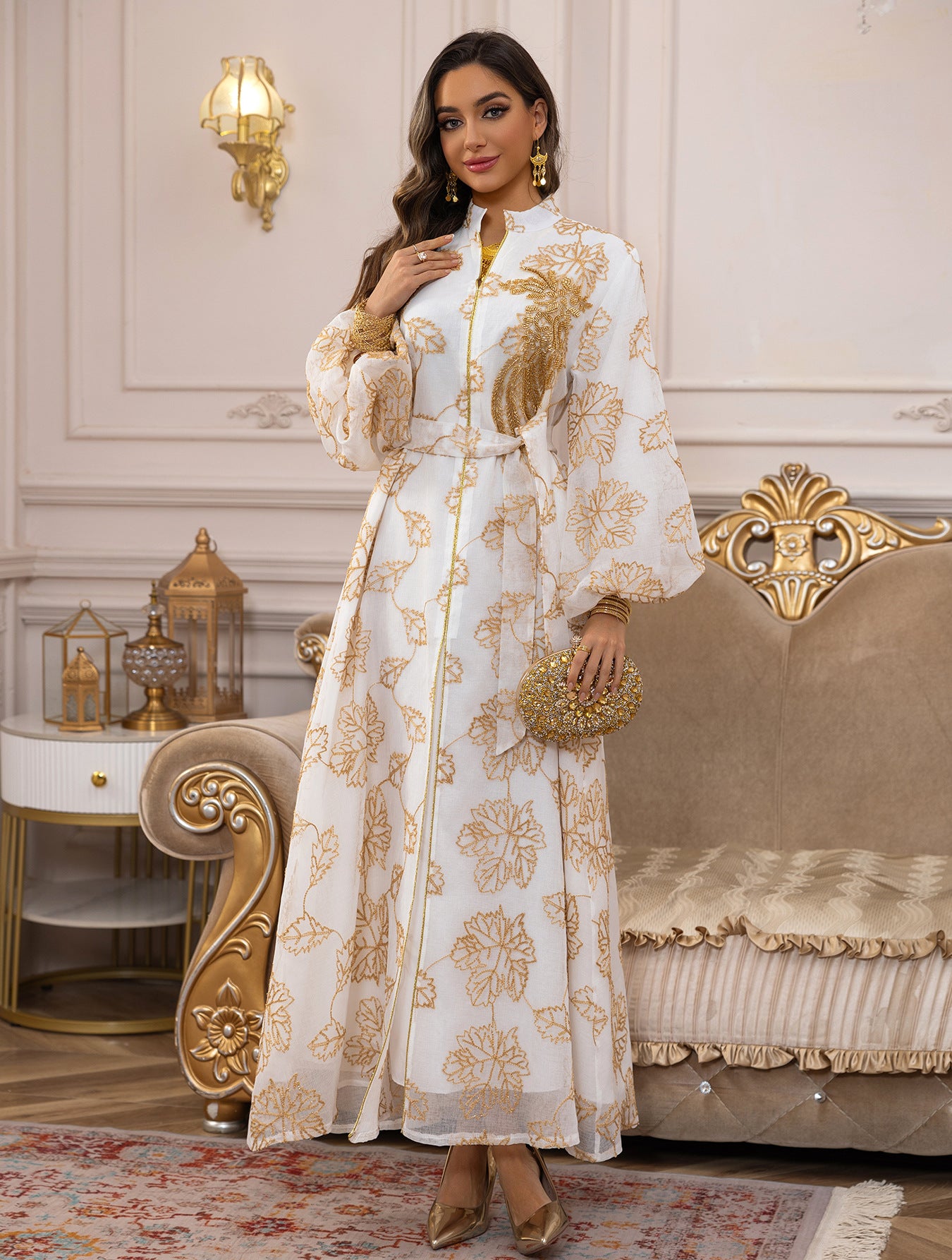 Aurora Sequined Floral Jalabiya — Middle Eastern Inspired Puff-Sleeve Evening Gown