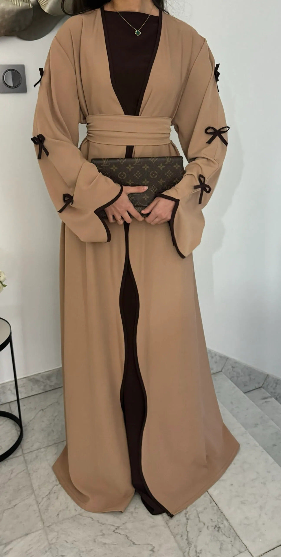 Hestia Bow-Detail Robe & Inner Dress Set — Elegant Long Abaya Style