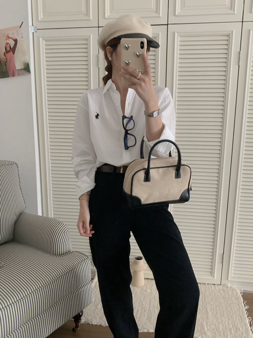 French Retro Pony Embroidered Shirt – Loose Fit Long Sleeve