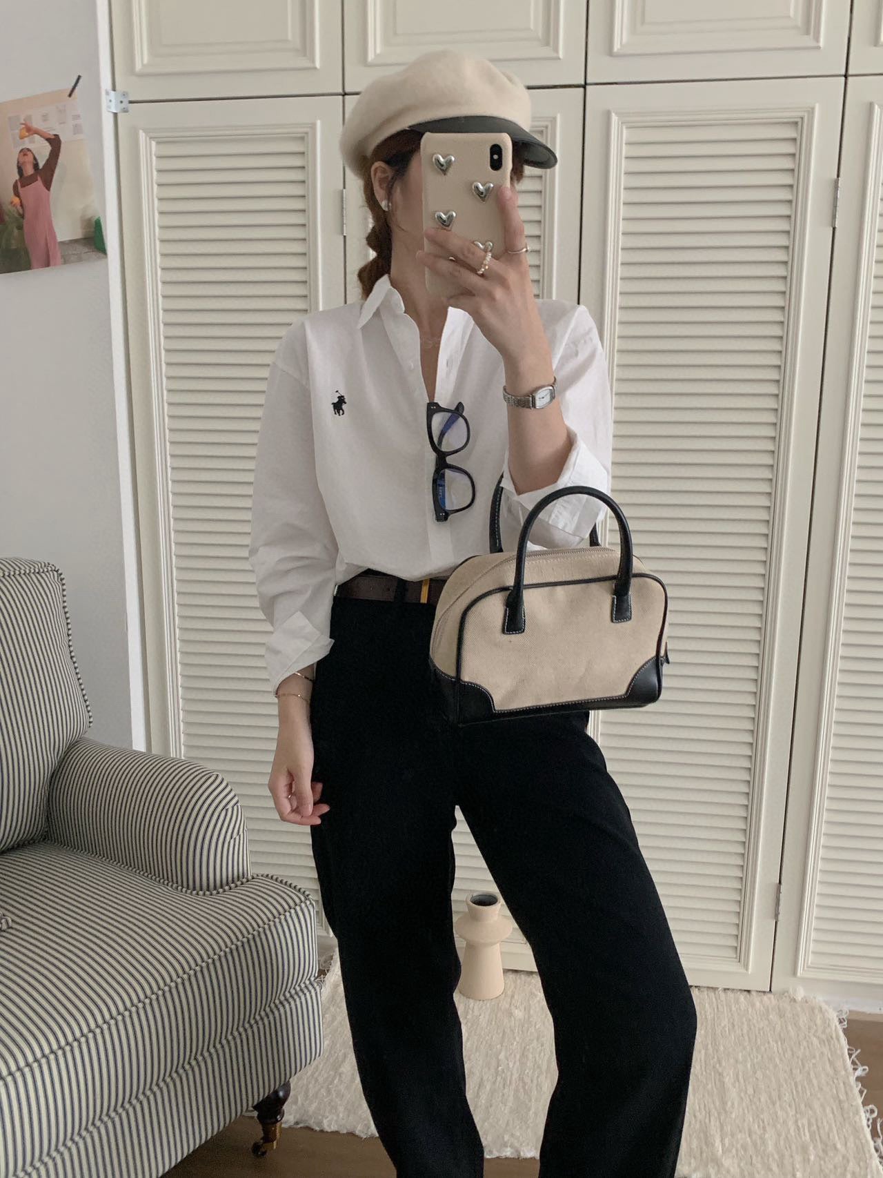 French Retro Pony Embroidered Shirt – Loose Fit Long Sleeve