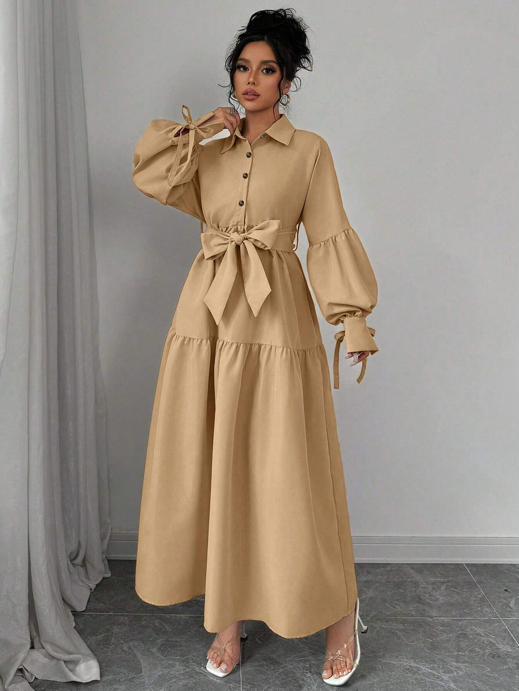 Eileithyia Elegant Tie-Waist Puff Sleeve Maxi Dress