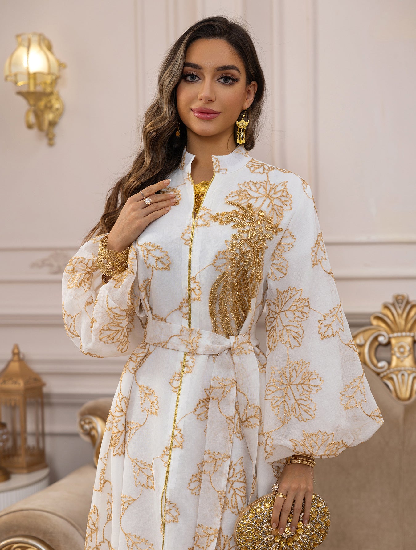 Aurora Sequined Floral Jalabiya — Middle Eastern Inspired Puff-Sleeve Evening Gown